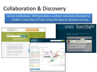 Collaboration & Discovery
 Across institutions, VIVO provides a uniform semantic structure to
    enable a new class of tools using the data to advance science.
 