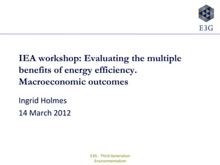 IEA workshop: Evaluating the multiple
benefits of energy efficiency.
Macroeconomic outcomes
Ingrid Holmes
14 March 2012



                E3G - Third Generation
                  Environmentalism
 