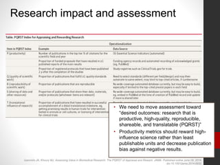 Ioannidis JA, Khoury MJ. Assessing Value in Biomedical Research: The PQRST of Appraisal and Reward. JAMA. Published online June 09, 2014.
doi:10.1001/jama.2014.6932.
• We need to move assessment toward
“desired outcomes: research that is
productive, high-quality, reproducible,
shareable, and translatable (PQRST)”
• Productivity metrics should reward high-
influence science rather than least
publishable units and decrease publication
bias against negative results.
Research impact and assessment
 