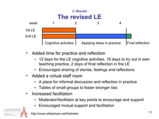 3. Results The revised LE Added time for practice and reflection 12 days for the LE cognitive activities, 19 days to try out in own  teaching practice, 2 days of final reflection in the LE Encouraged sharing of stories, feelings and reflections  Added a virtual staff room A place for informal discussion and reflection in practice Tables of small groups to foster stronger ties  Increased facilitation Moderator/facilitator at key points to encourage and support Encouraged mutual support and facilitation http://www.slideshare.net/holmebn 
