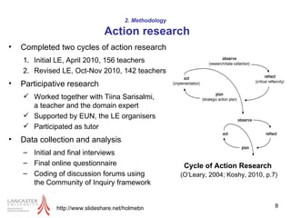 2. Methodology  Action research Completed two cycles of action research 1. Initial LE, April 2010, 156 teachers 2. Revised LE, Oct-Nov 2010, 142 teachers Participative research Worked together with Tiina  Sarisalmi,  a teacher and  the domain  expert  Supported by EUN, the LE organisers  Participated as tutor Data collection and analysis Initial and final interviews Final online questionnaire Coding of discussion forums using  the Community of Inquiry framework http://www.slideshare.net/holmebn Cycle of Action Research   (O’Leary, 2004; Koshy, 2010, p.7) 
