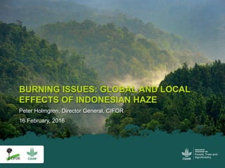 Peter Holmgren, Director General, CIFOR
16 February, 2016
BURNING ISSUES: GLOBAL AND LOCAL
EFFECTS OF INDONESIAN HAZE
 