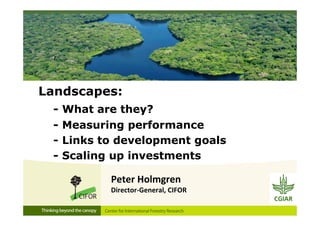 Landscapes:
- What are they?
- Measuring performance
- Links to development goals
- Scaling up investments
Peter Holmgren
Director‐General, CIFOR
 