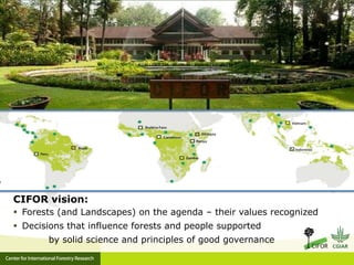 Vision
CIFOR vision:
 Forests (and Landscapes) on the agenda – their values recognized
 Decisions that influence forests...