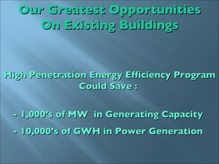 Our Greatest Opportunities On Existing Buildings High Penetration Energy Efficiency Program Could Save :  - 1,000’s of MW  in Generating Capacity - 10,000’s of GWH in Power Generation 