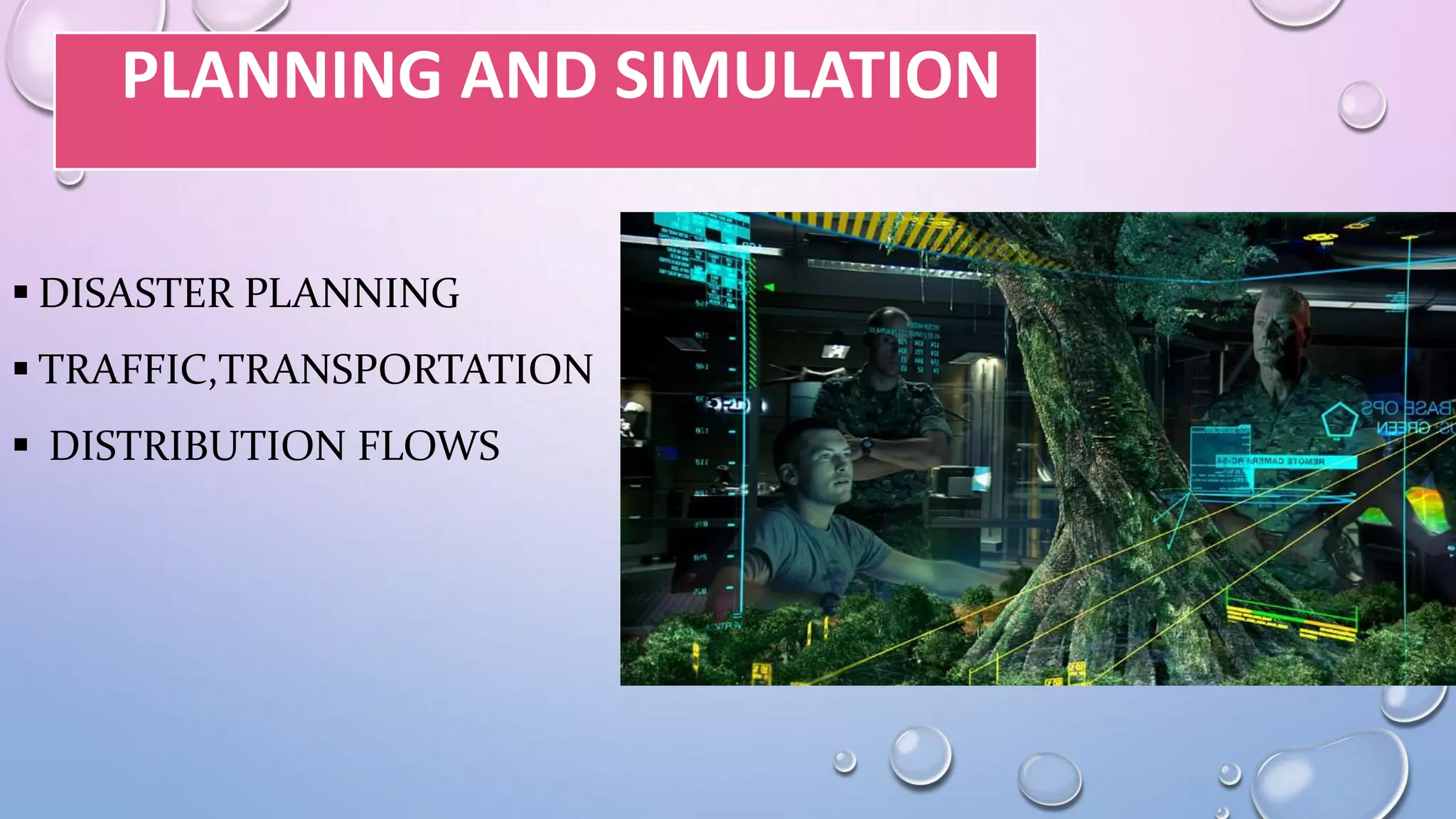 PLANNING AND SIMULATION
 DISASTER PLANNING

 TRAFFIC,TRANSPORTATION
 DISTRIBUTION FLOWS

 