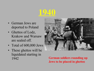 1940 German Jews are deported to Poland Ghettos of Lodz, Krakow and Warsaw are sealed off. Total of 600,000 Jews These ghettos will be liquidated starting in 1942 German soldiers rounding up Jews to be placed in ghettos 
