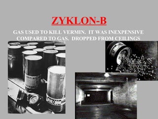 ZYKLON-B GAS USED TO KILL VERMIN.  IT WAS INEXPENSIVE COMPARED TO GAS.  DROPPED FROM CEILINGS 