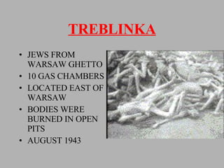 TREBLINKA JEWS FROM WARSAW GHETTO 10 GAS CHAMBERS LOCATED EAST OF WARSAW BODIES WERE BURNED IN OPEN PITS AUGUST 1943 