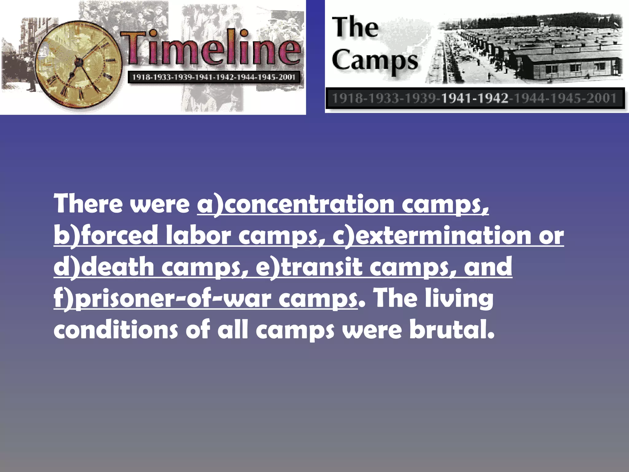There were  a)concentration camps, b)forced labor camps, c)extermination or d)death camps, e)transit camps, and f)prisoner-of-war camps . The living conditions of all camps were brutal.  