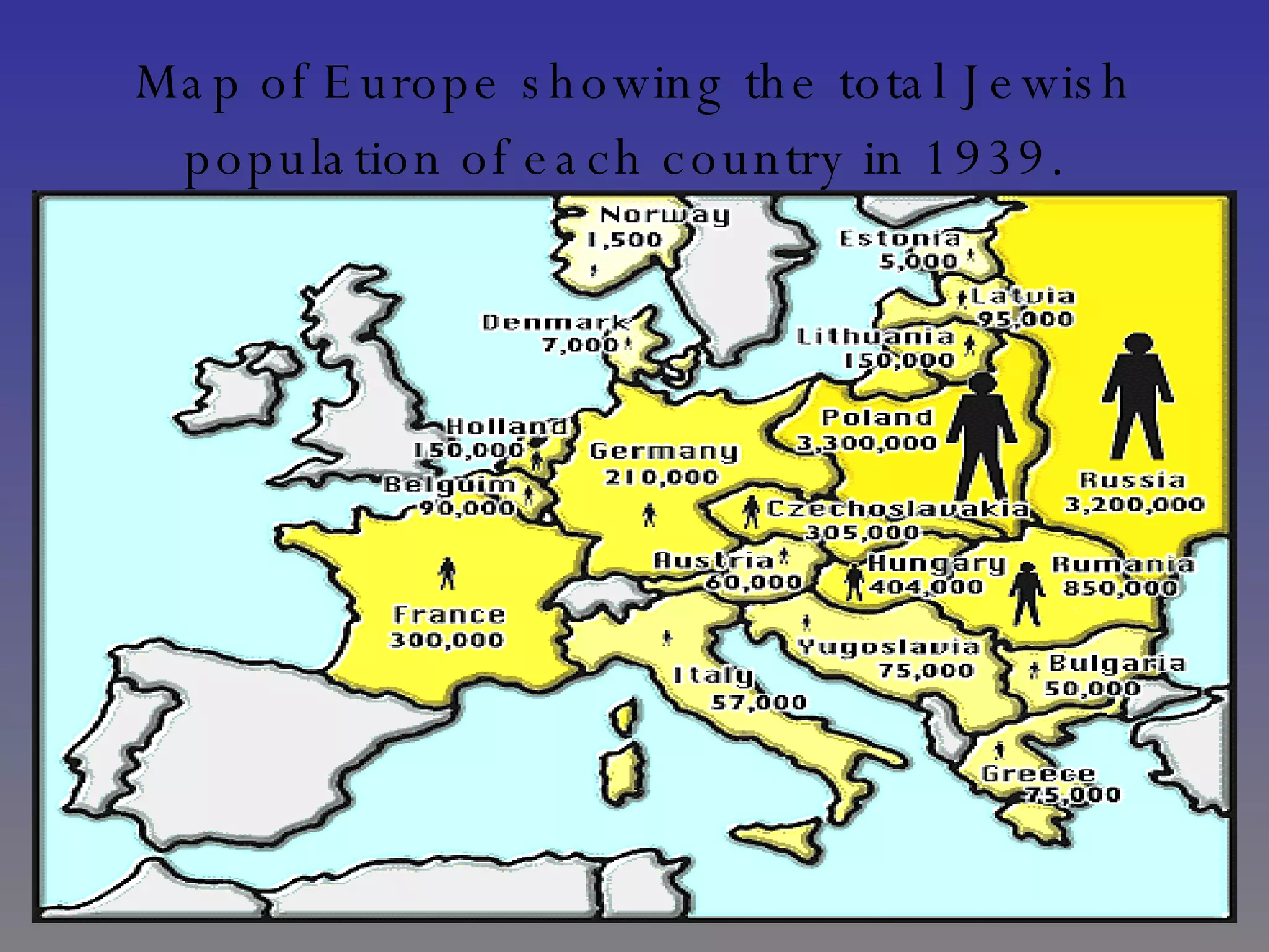 Map of Europe showing the total Jewish population of each country in 1939.   
