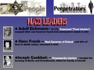 Adolf Eichmann-  SS LTC,  Organized “Final Solution”,  escaped after war however found and sentenced to death in 1961 Hans Frank –  Nazi Governor of Poland , sent 85% of Jews to death camps, executed in 1946 Joseph Goebbels –  Propaganda minister  – headed the burning of Berlin and Kristallnacht, killed his family & himself NAZI LEADERS 