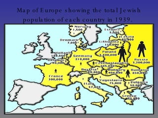 Map of Europe showing the total Jewish population of each country in 1939.   