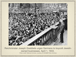 Reichminster Joseph Goebbels urges Germans to boycott Jewish-owned businesses, April 1, 1933.  Photo credit: National Archives, courtesy of USHMM Photo Archives 