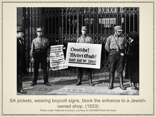 SA pickets, wearing boycott signs, block the entrance to a Jewish-owned shop. (1933) Photo credit: National Archives, courtesy of USHMM Photo Archives 