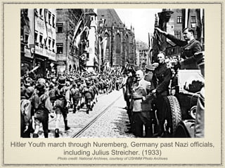 Hitler Youth march through Nuremberg, Germany past Nazi officials, including Julius Streicher. (1933) Photo credit: National Archives, courtesy of USHMM Photo Archives 