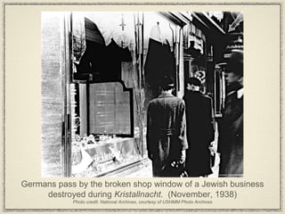 Germans pass by the broken shop window of a Jewish business destroyed during  Kristallnacht .  (November, 1938) Photo credit: National Archives, courtesy of USHMM Photo Archives 