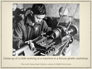 Close-up of a child working at a machine in a Kovno ghetto workshop.  Photo credit: George Kadish Collection, courtesy of USHMM Photo Archives 