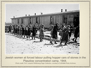 Jewish women at forced labour pulling hopper cars of stones in the Plaszlow concentration camp, 1944.  Photo credit: Prof. Leopold Pfefferberg-Page Collection, courtesy of USHMM Photo Archives 