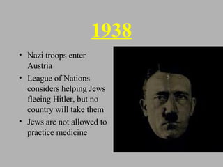 1938 Nazi troops enter Austria League of Nations considers helping Jews fleeing Hitler, but no country will take them Jews are not allowed to practice medicine 