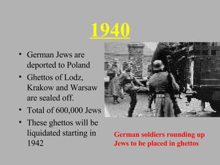 1940 German Jews are deported to Poland Ghettos of Lodz, Krakow and Warsaw are sealed off. Total of 600,000 Jews These ghettos will be liquidated starting in 1942 German soldiers rounding up Jews to be placed in ghettos 