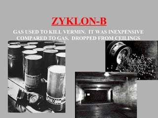ZYKLON-B GAS USED TO KILL VERMIN.  IT WAS INEXPENSIVE COMPARED TO GAS.  DROPPED FROM CEILINGS 