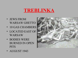 TREBLINKA JEWS FROM WARSAW GHETTO 10 GAS CHAMBERS LOCATED EAST OF WARSAW BODIES WERE BURNED IN OPEN PITS AUGUST 1943 