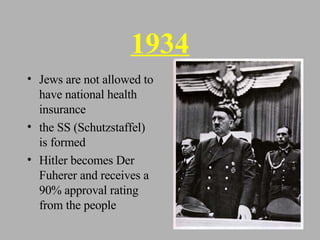 1934 Jews are not allowed to have national health insurance the SS (Schutzstaffel) is formed Hitler becomes Der Fuherer and receives a 90% approval rating from the people 