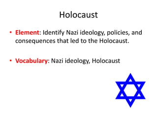 Holocaust
• Element: Identify Nazi ideology, policies, and
consequences that led to the Holocaust.
• Vocabulary: Nazi ideology, Holocaust
 