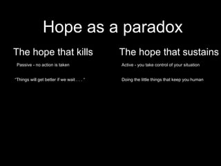 Hope as a paradox The hope that kills Passive - no action is taken “ Things will get better if we wait . . . “ The hope that sustains Active - you take control of your situation Doing the little things that keep you human 