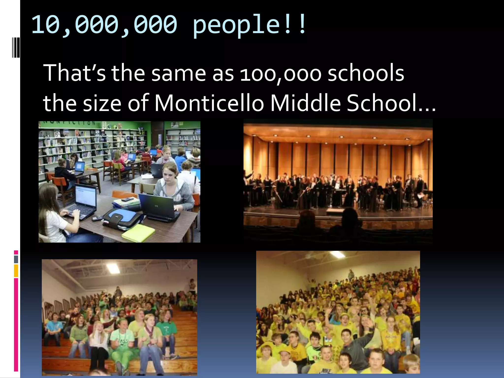 10,000,000 people!!
That’s the same as 100,000 schools
the size of Monticello Middle School…

 