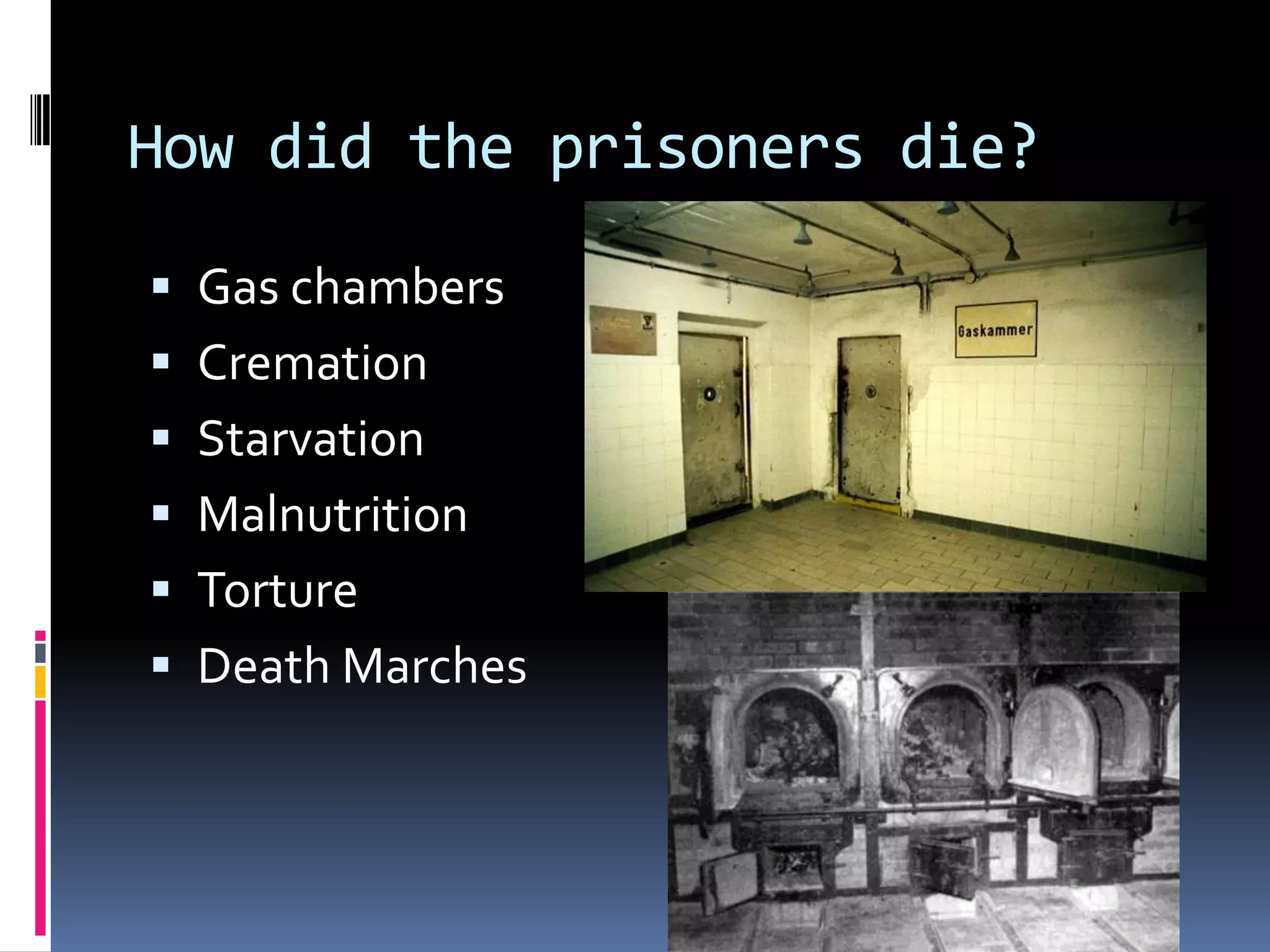 How did the prisoners die?
 Gas chambers
 Cremation

 Starvation
 Malnutrition
 Torture

 Death Marches

 