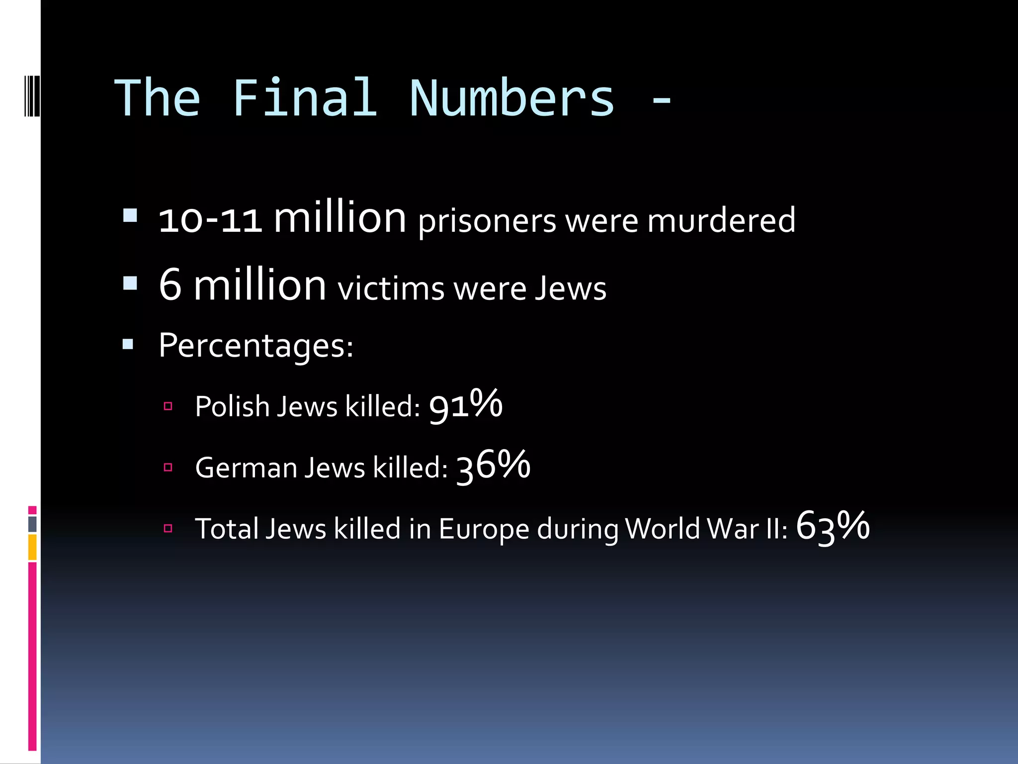 The Final Numbers  10-11 million prisoners were murdered
 6 million victims were Jews
 Percentages:
 Polish Jews killed: 91%
 German Jews killed: 36%
 Total Jews killed in Europe during World War II: 63%

 