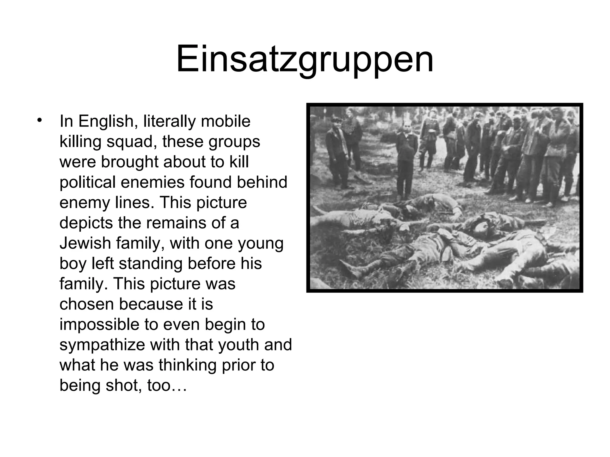 Einsatzgruppen In English, literally mobile killing squad, these groups were brought about to kill political enemies found behind enemy lines. This picture depicts the remains of a Jewish family, with one young boy left standing before his family. This picture was chosen because it is impossible to even begin to sympathize with that youth and what he was thinking prior to being shot, too… 