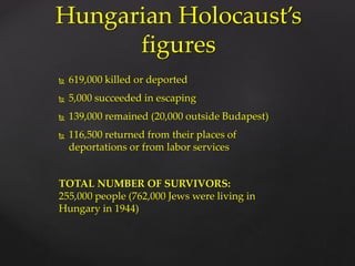  619,000 killed or deported
 5,000 succeeded in escaping
 139,000 remained (20,000 outside Budapest)
 116,500 returned from their places of
deportations or from labor services
TOTAL NUMBER OF SURVIVORS:
255,000 people (762,000 Jews were living in
Hungary in 1944)
Hungarian Holocaust’s
figures
 