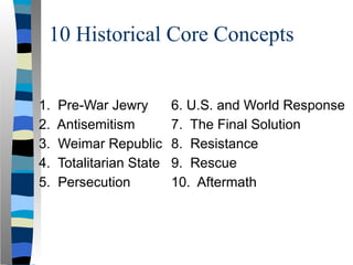 10 Historical Core Concepts
1. Pre-War Jewry
2. Antisemitism
3. Weimar Republic
4. Totalitarian State
5. Persecution
6. U.S. and World Response
7. The Final Solution
8. Resistance
9. Rescue
10. Aftermath
 