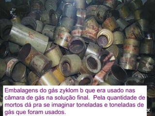 Embalagens do gás zyklom b que era usado nas câmara de gás na solução final.  Pela quantidade de mortos dá pra se imaginar toneladas e toneladas de gás que foram usados. 
