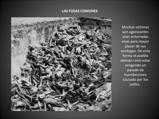    LAS FOSAS COMUNES   Muchas víctimas aún agonizantes eran enterradas vivas para mayor placer de sus verdugos. De esta forma el pueblo alemán creía estar vengando un pasado de humillaciones causado por los judíos.  