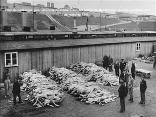 Pilas de cadáveres, poco después de la liberación del campo de Mauthausen. Austria, posterior al 5 de mayo de 1945 .  