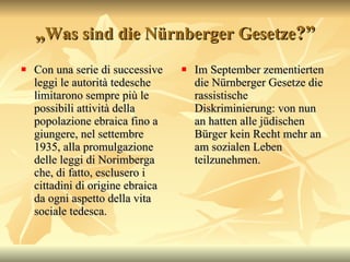 „ Was sind die N ürnberger Gesetze ?” Con una serie di successive leggi le autorità tedesche limitarono sempre più le possibili attività della popolazione ebraica fino a giungere, nel settembre 1935, alla promulgazione delle leggi di Norimberga che, di fatto, esclusero i cittadini di origine ebraica da ogni aspetto della vita sociale tedesca. Im September zementierten die Nürnberger Gesetze die rassistische Diskriminierung: von nun an hatten alle j üdischen  B ürger kein Recht mehr an am sozialen Leben teilzunehmen. 