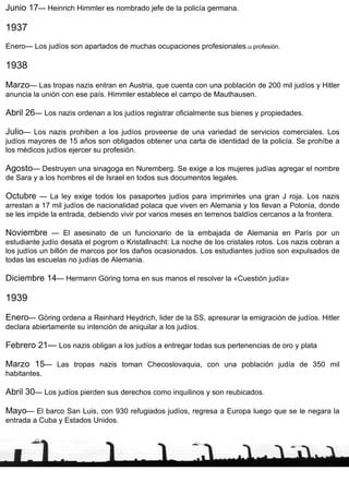 Junio 17 — Heinrich Himmler es nombrado jefe de la policía germana. 1937 Enero— Los judíos son apartados de muchas ocupaciones profesionales. u profesión. 1938 Marzo — Las tropas nazis entran en Austria, que cuenta con una población de 200 mil judíos y Hitler anuncia la unión con ese país. Himmler establece el campo de Mauthausen. Abril 26 — Los nazis ordenan a los judíos registrar oficialmente sus bienes y propiedades. Julio — Los nazis prohiben a los judíos proveerse de una variedad de servicios comerciales. Los judíos mayores de 15 años son obligados obtener una carta de identidad de la policía. Se prohíbe a los médicos judíos ejercer su profesión. Agosto — Destruyen una sinagoga en Nuremberg. Se exige a los mujeres judías agregar el nombre de Sara y a los hombres el de Israel en todos sus documentos legales. Octubre  — La ley exige todos los pasaportes judíos para imprimirles una gran J roja. Los nazis arrestan a 17 mil judíos de nacionalidad polaca que viven en Alemania y los llevan a Polonia, donde se les impide la entrada, debiendo vivir por varios meses en terrenos baldíos cercanos a la frontera. Noviembre  — El asesinato de un funcionario de la embajada de Alemania en París por un estudiante judío desata el pogrom o Kristallnacht: La noche de los cristales rotos. Los nazis cobran a los judíos un billón de marcos por los daños ocasionados. Los estudiantes judíos son expulsados de todas las escuelas no judías de Alemania. Diciembre 14 — Hermann Göring toma en sus manos el resolver la «Cuestión judía» 1939 Enero — Göring ordena a Reinhard Heydrich, lider de la SS, apresurar la emigración de judíos. Hitler declara abiertamente su intención de aniquilar a los judíos. Febrero 21—  Los nazis obligan a los judíos a entregar todas sus pertenencias de oro y plata Marzo 15 — Las tropas nazis toman Checoslovaquia, con una población judía de 350 mil habitantes. Abril 30 — Los judíos pierden sus derechos como inquilinos y son reubicados. Mayo — El barco San Luis, con 930 refugiados judíos, regresa a Europa luego que se le negara la entrada a Cuba y Estados Unidos. 