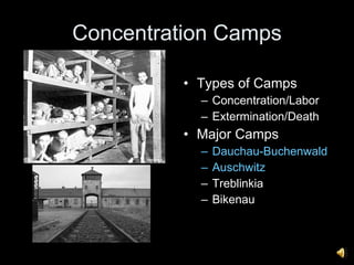 Concentration Camps Types of Camps Concentration/Labor Extermination/Death Major Camps Dauchau-Buchenwald Auschwitz Treblinkia Bikenau  