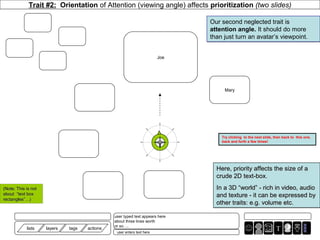 Trait #2: Orientation of Attention (viewing angle) affects prioritization (two slides)

                                  ...