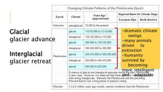 Glacial
glacier advance
Interglacial
glacier retreat
-dramatic climate
swings
-many animals
driven to
extinction
-humanity
survived by
becoming
more intelligent
and adaptable
 