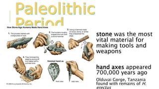 stone was the most
vital material for
making tools and
weapons
hand axes appeared
700,000 years ago
Olduvai Gorge, Tanzania
found with remains of H.
erectus
 
