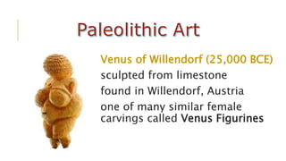 Venus of Willendorf (25,000 BCE)
sculpted from limestone
found in Willendorf, Austria
one of many similar female
carvings called Venus Figurines
 
