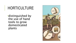 HORTICULTURE
distinguished by
the use of hand
tools to grow
domesticated
plants
 