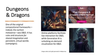 Dungeons
& Dragons
One of the original
compositional frameworks—
indeed, the earliest
metaverse—was D&D. It has
rules and structure for
shared imagination and
persistent, virtual worlds
(campaigns).
Online platforms facilitate
live interaction for D&D,
while Generative AI is
unlocking on-demand
visualization for D&D.
Images above and right generated in Midjourney.
 