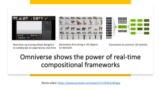 Omniverse shows the power of real-time
compositional frameworks
Demo video: https://www.youtube.com/watch?v=EKJXI1xW4gw
Connectors to common 3D toolsets
Generative AI to bring in 3D objects
on-demand
Real-time ray tracing allows designers
to collaborate on experiences real-time
 
