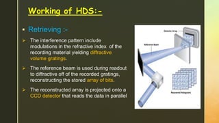 Working of HDS:-
 Retrieving :-
 The interference pattern include
modulations in the refractive index of the
recording material yielding diffractive
volume gratings.
 The reference beam is used during readout
to diffractive off of the recorded gratings,
reconstructing the stored array of bits.
 The reconstructed array is projected onto a
CCD detector that reads the data in parallel
 